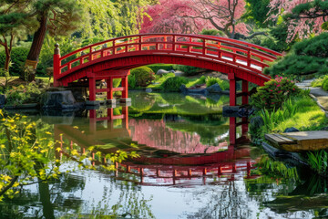 A red bridge arches over a tranquil pond in a lush Japanese garden