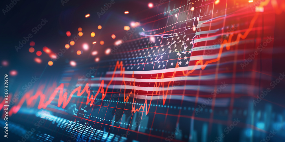 Poster visual representation of stock market trends in the usa with fluctuating graphs and data points, sym