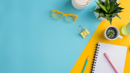 Colorful workspace with notebook, glasses, plant, and coffee. Perfect for creativity and productivity themes.