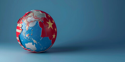 A globe divided between the flags of the USA and China, representing geopolitical tensions and competition on a global scale.