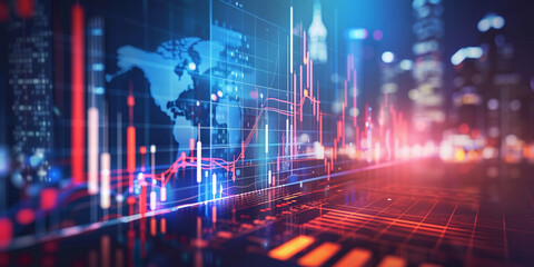 Fototapeta premium Digital illustration of global financial market analysis with various graphs and data points, indicating economic trends and stock market activities.