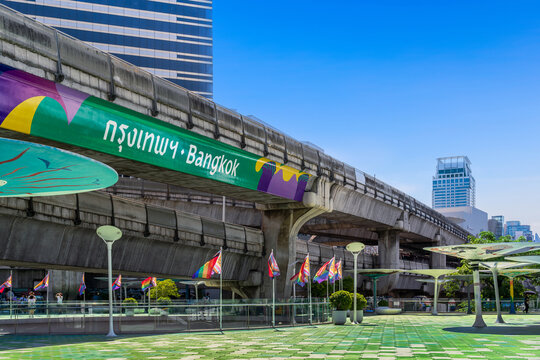 Siam Discovery and MBK shopping center, the popular photo landmark, feature the Sky train track with the name &ldquo;Bangkok&rdquo; in a new font graphic design identity.
