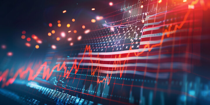  Visual representation of stock market trends in the USA with fluctuating graphs and data points, symbolizing economic activity and market performance.