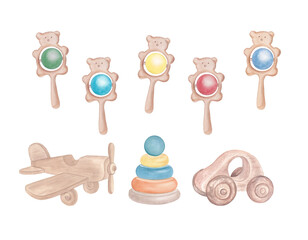 Hand-Drawn Watercolor Wooden Toy. Set for Baby Showers and Nursery Décor