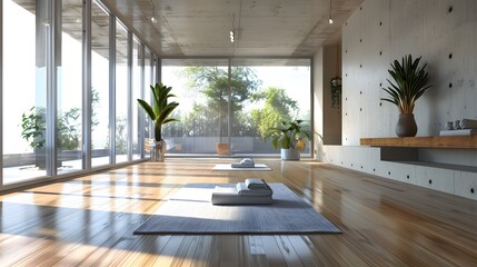 Contemporary concrete yoga gym interior with equipment, daylight and wooden flooring. Healthy lifestyle concept. 3D Rendering. 