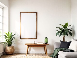 Fototapeta premium Table and green bottle, large blank framed poster mockup, and plants, natural light background, home decor concept. 3D Rendering