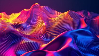 A colorful, abstract landscape with a purple mountain in the background