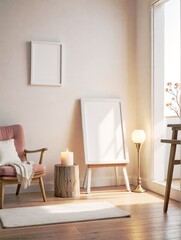 Chair and candle, large blank framed poster mockup, and plants, natural light background, home decor concept. 3D Rendering