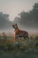 Fototapeta premium A lone tiger standing in a foggy field
