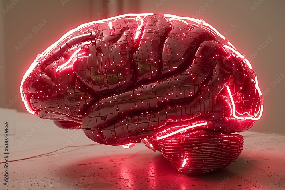 Poster digital brain with neon lights representing the fusion of neuroscience and advanced technology in a 