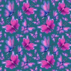 Seamless pattern of holographic butterflies with pink hearts on the wings, tropical blue-green leaves for the holiday of love, wedding, Valentine's Day, textile, fabric, wrapping, scrapbook, wallpaper