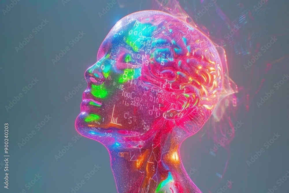 Poster digital face with neon lights symbolizing the fusion of human identity and advanced technology in a 