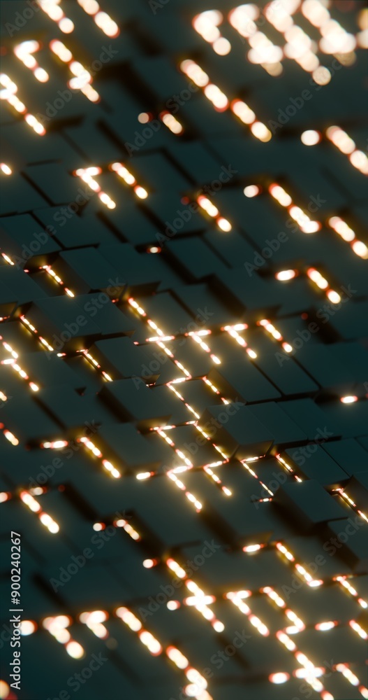 Poster Abstract Pattern of Glowing Geometric Tiles with Light Effects..