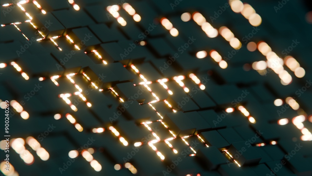 Poster Abstract Pattern of Glowing Geometric Tiles with Light Effects..