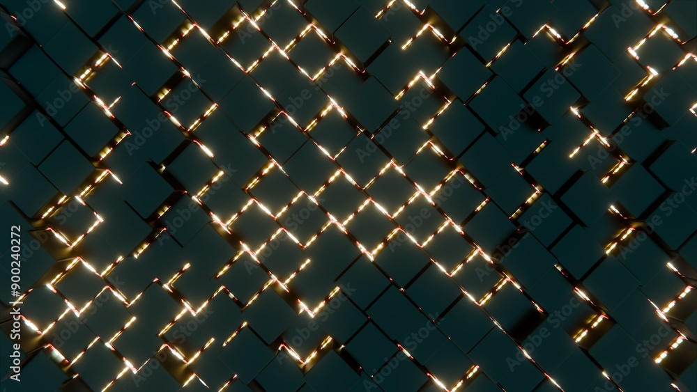 Poster Abstract Pattern of Glowing Geometric Tiles with Light Effects..