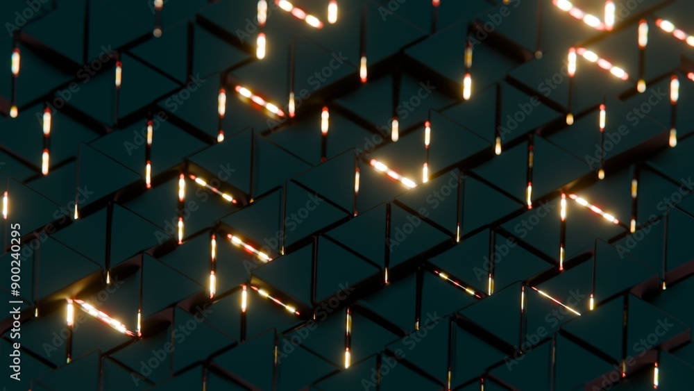 Poster Abstract Dark Geometric Blocks with Red and Yellow Light Accents..