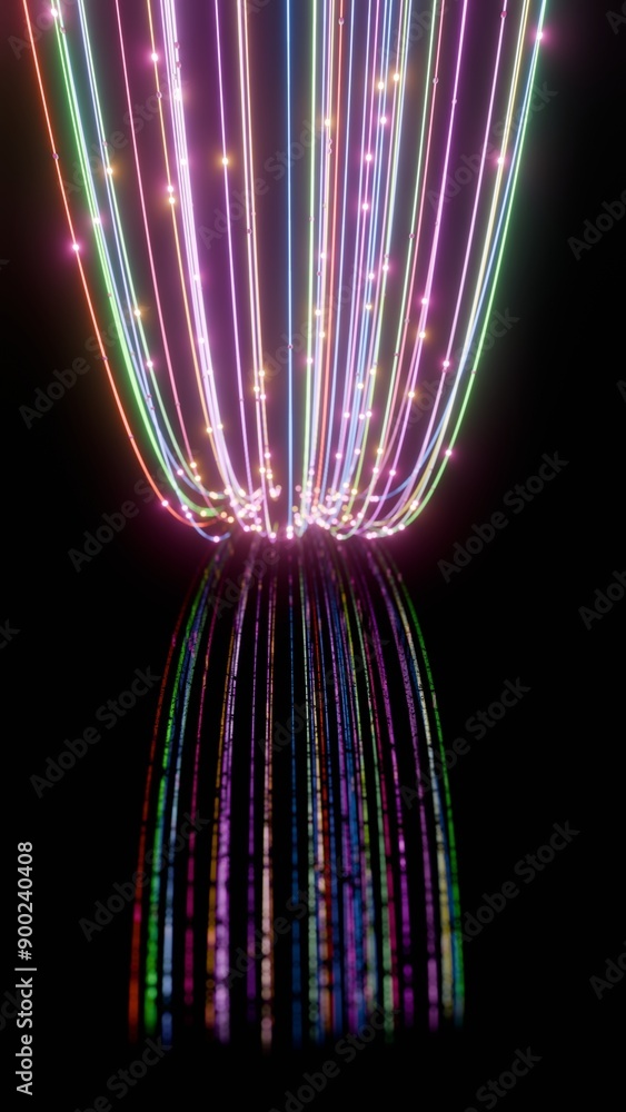 Poster futuristic neon light trails converging in dark space...