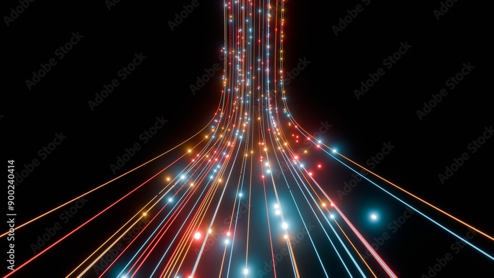 Poster Futuristic Neon Light Trails Converging in Dark Space...