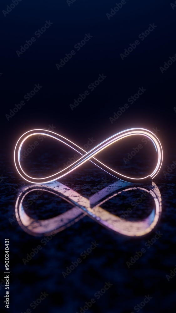 Poster Infinity Symbol with Neon Glow and Reflection on Dark Surface..