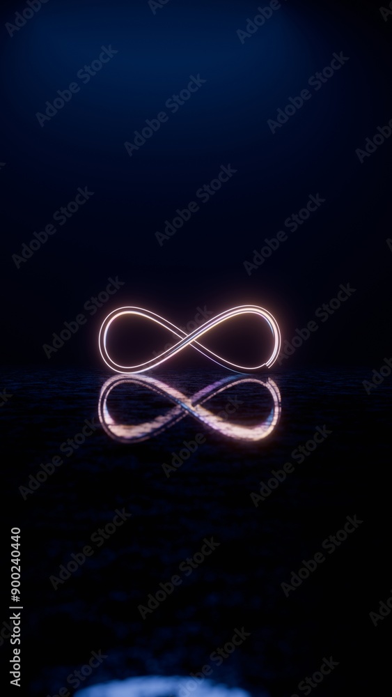 Poster Infinity Symbol with Neon Glow and Reflection on Dark Surface..