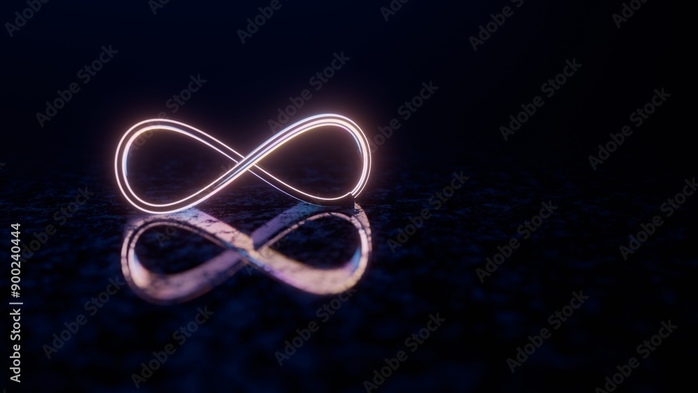 Poster Infinity Symbol with Neon Glow and Reflection on Dark Surface..