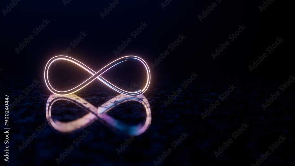 Poster Infinity Symbol with Neon Glow and Reflection on Dark Surface..