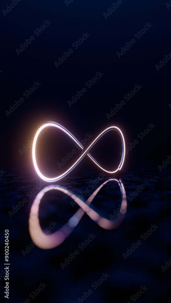 Poster Infinity Symbol with Neon Glow and Reflection on Dark Surface..