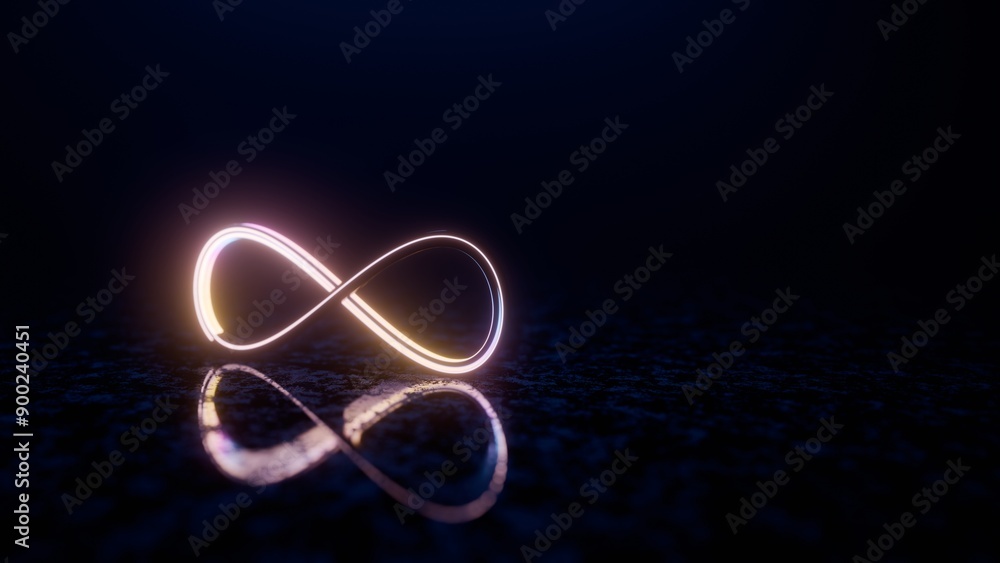 Poster Infinity Symbol with Neon Glow and Reflection on Dark Surface..
