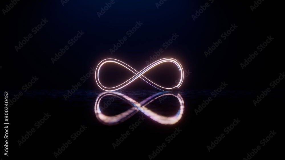 Poster Infinity Symbol with Neon Glow and Reflection on Dark Surface..