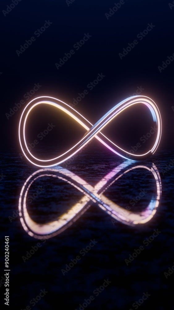 Poster Infinity Symbol with Neon Glow and Reflection on Dark Surface..