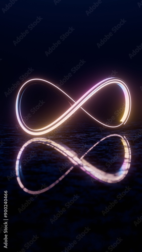 Poster Infinity Symbol with Neon Glow and Reflection on Dark Surface..
