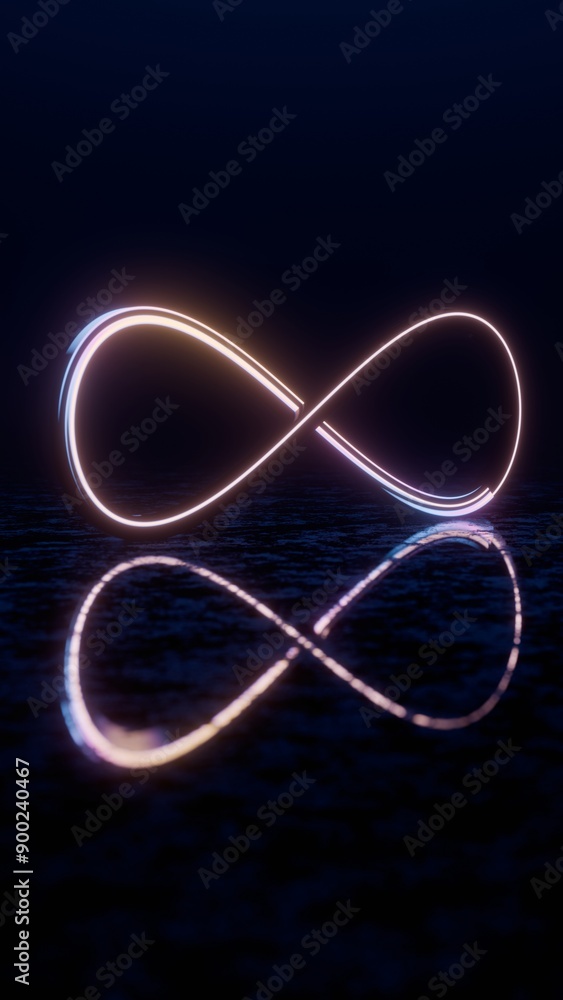 Poster Infinity Symbol with Neon Glow and Reflection on Dark Surface..