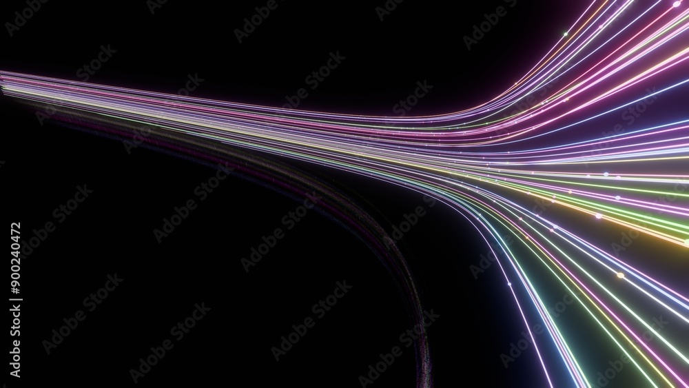 Poster Dynamic Curved Neon Light Trails on Black Background..