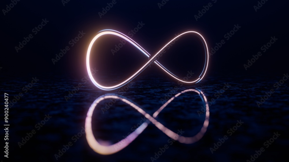 Poster Infinity Symbol with Neon Glow and Reflection on Dark Surface..