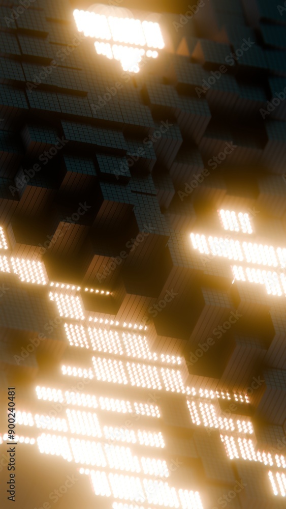 Poster abstract 3d tiles with glowing lights in a dark environment..