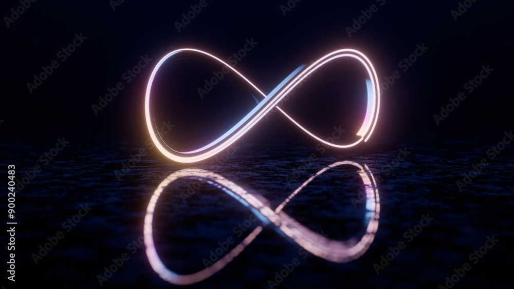 Poster Infinity Symbol with Neon Glow and Reflection on Dark Surface..