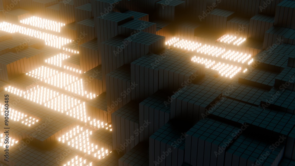 Aufkleber Abstract 3D Tiles with Glowing Lights in a Dark Environment..