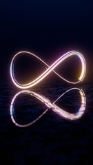 Infinity Symbol with Neon Glow and Reflection on Dark Surface..