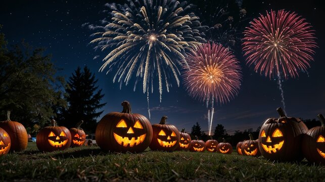 Halloween Night Celebration with Fireworks and Jack-O'-Lanterns: Halloween, Night, Celebration, Fireworks, Jack-O'-Lanterns, Pumpkins, Spooky, Autumn, Festive, Glowing