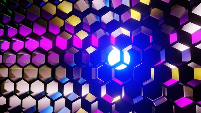 Animation of flying next to hexagons reflecting different colors and a glowing ball.