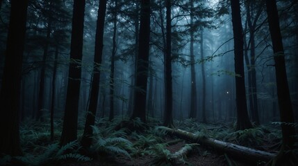 Fototapeta premium Mysterious Foggy Forest: Night, Mist, Trees, Ferns, Atmosphere, Nature, Tranquil, Dense, Shadows
