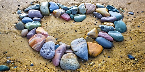 A collection of multicolored pebbles arranged in the shape of a heart on a sandy beach, symbolizing strong bonds.