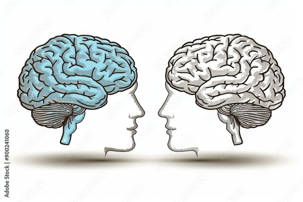 Poster two digital brains facing each other symbolizing the concept of communication and neural connections