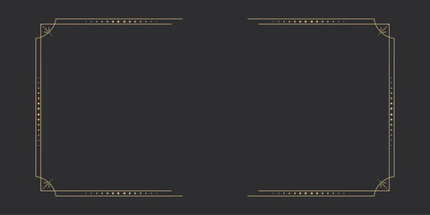 Gold celestial minimal esoteric frame, thin line border, mystyc linear decoration with dots, moon, stars corners isolated on dark background. Geometric shape, tarrot 