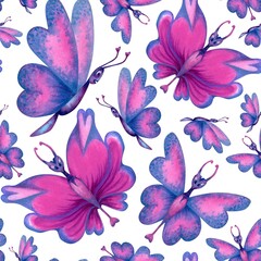 Seamless pattern of holographic butterflies with pink hearts on the wings, tropical blue-green leaves for the holiday of love, wedding, Valentine's Day, textile, fabric, wrapping, scrapbook, wallpaper