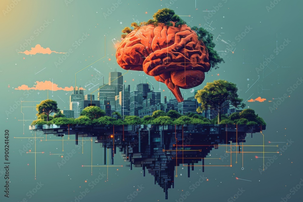 Poster digital brain floating over a cityscape symbolizing the integration of technology and urban life in 