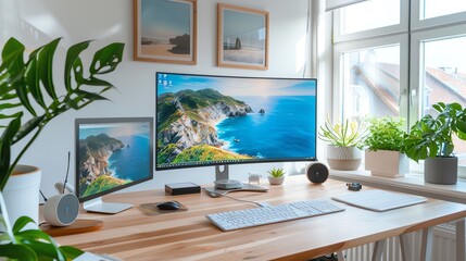 A serene workspace featuring dual monitors, a wooden desk, and greenery, perfect for productivity and inspiration.