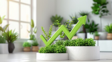 A vibrant scene showcasing green growth with a rising arrow, symbolizing success and prosperity in a nature-inspired setting.
