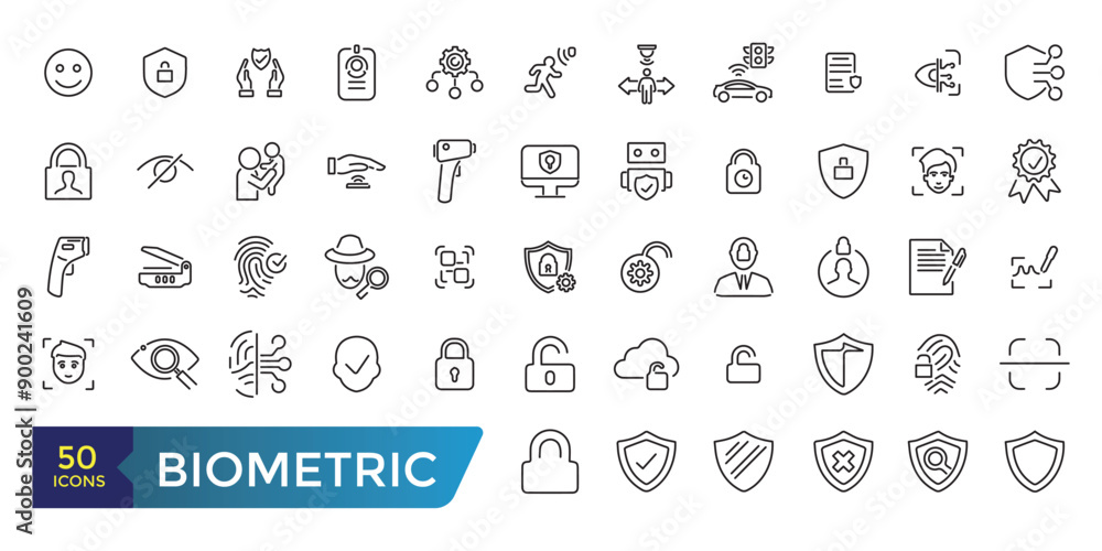 Aufkleber biometric related line icons set. related to voice recognition, fingerprint, door lock and more. col