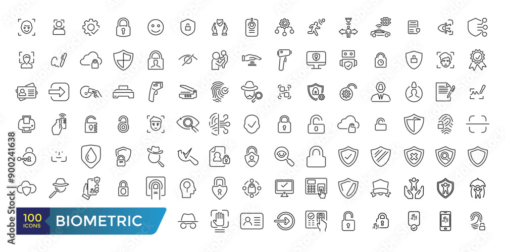 Poster biometric related line icons set. related to voice recognition, fingerprint, door lock and more. col
